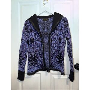 Icelandic Design Women's Damask Print Wool Sweater Open Violet Black S Small